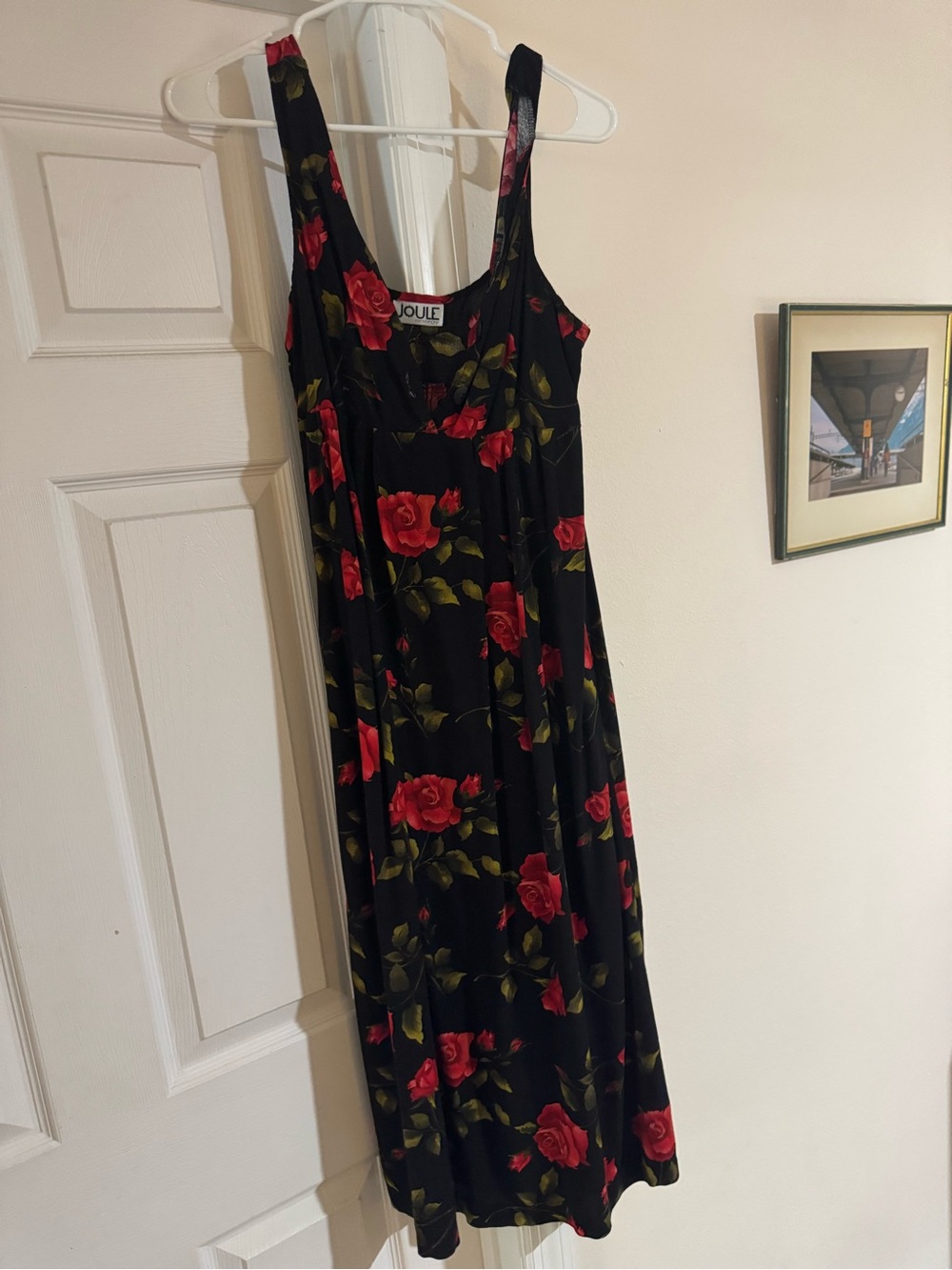 Joules Black Maxi Dress with Red Rose and Olive Leaf Print